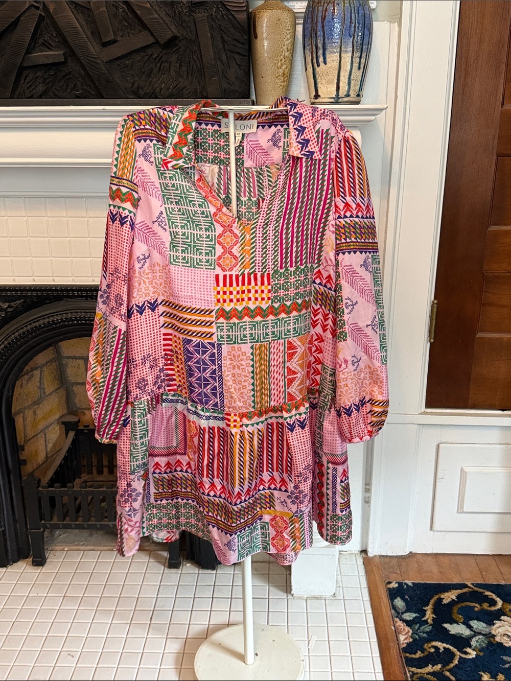 SALONI Silk Pink Multi-Color Patchwork Print Dress - worn twice- 795 retail